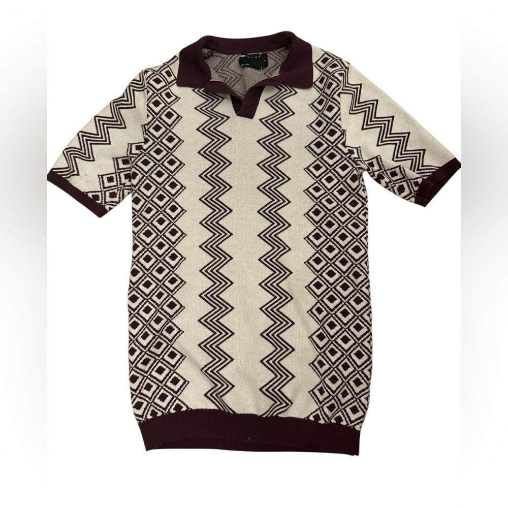ASOS men’s short sleeve sweater maroon cream geometric zigzag print‎ 70s size S